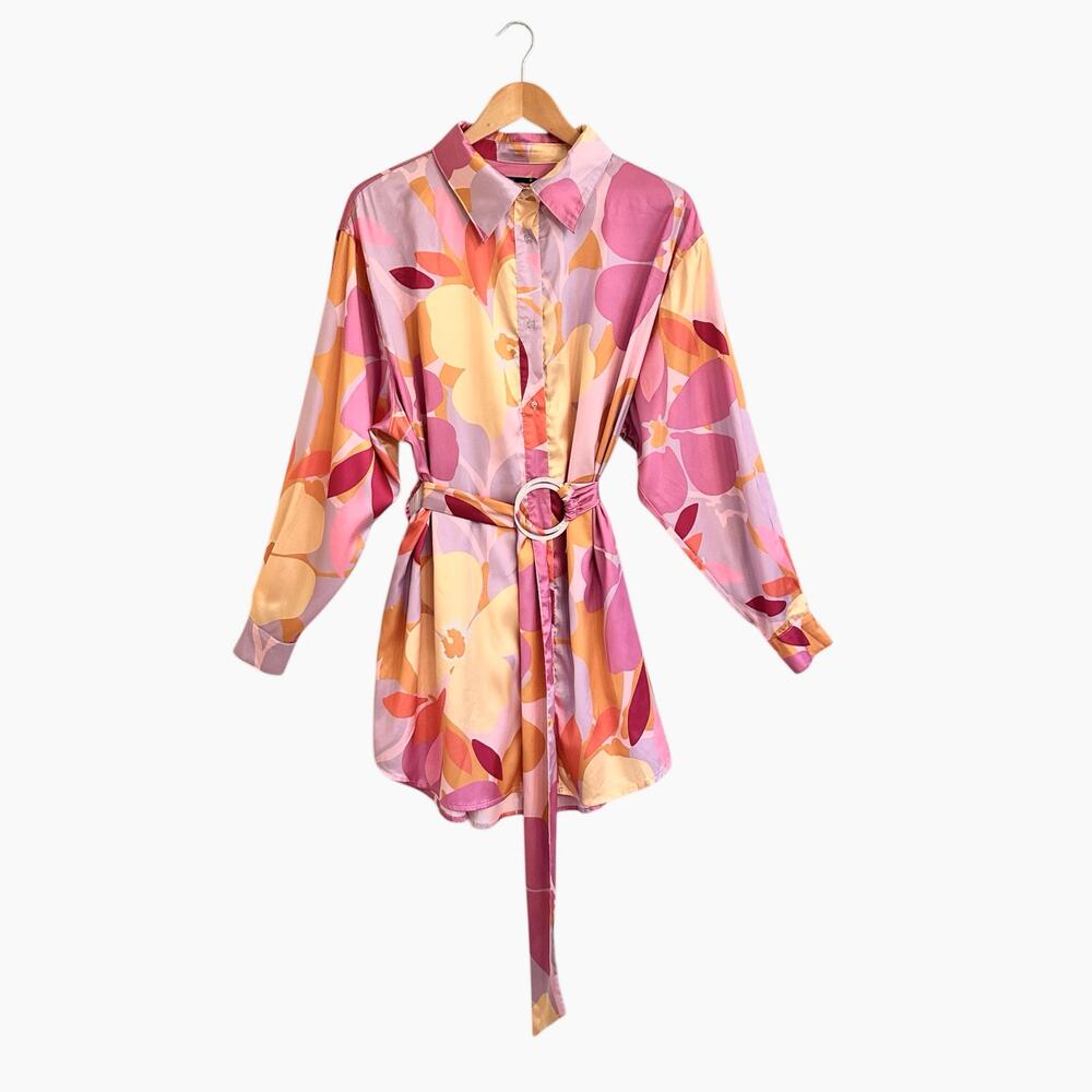 White Fox Boutique Island Dream Floral Shirt Dress Pool CoverUo Belted Sz M/L